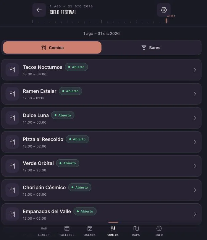 Screenshot of the Noxta food and bars screen, showing the status of each stall.